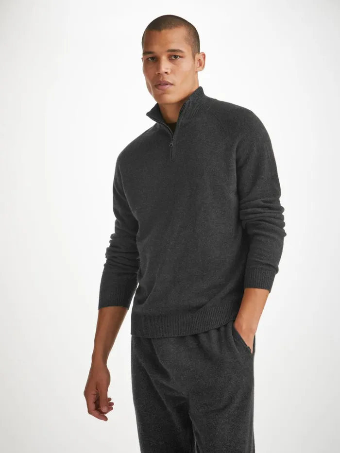 Cashmere Sweaters Men Derek Rose HalfZip Sweater Finley Cashmere Charcoal