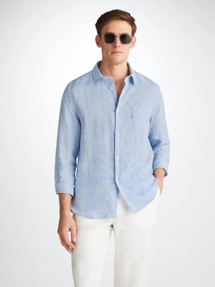 Casual Shirts Men Derek Rose Shirt Monaco Linen Blue