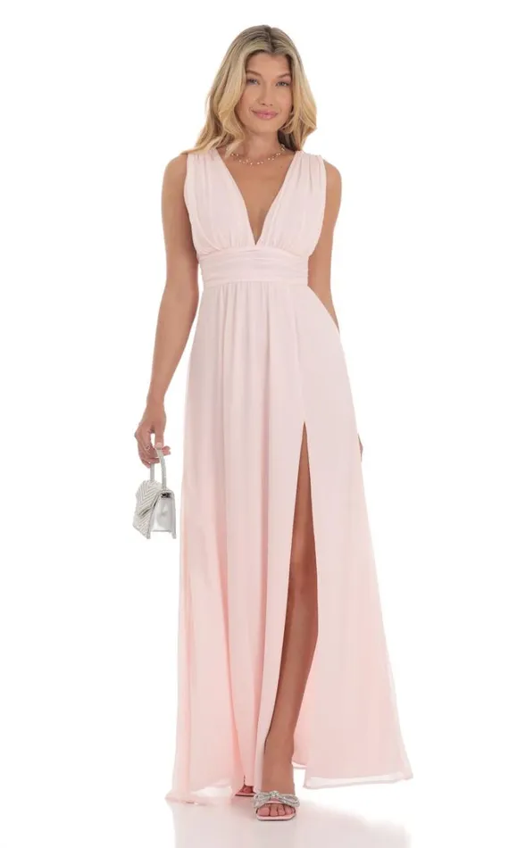 Chiffon Plunge Maxi Dress Pink Women LUCY IN THE SKY Maxi Dresses