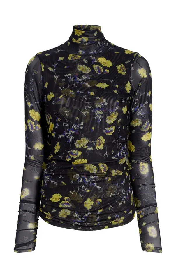Cinq Sept Falling Poppies Shirred Mesh Turtleneck Blackmulti Women Long Sleeve Tops