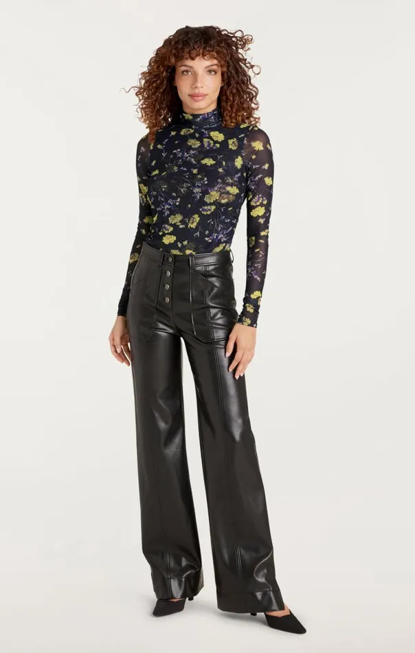 Cinq Sept Falling Poppies Shirred Mesh Turtleneck Blackmulti Women Long Sleeve Tops
