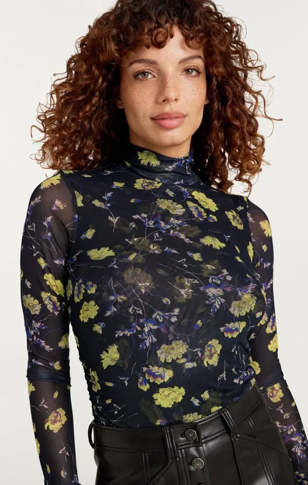 Cinq Sept Falling Poppies Shirred Mesh Turtleneck Blackmulti Women Long Sleeve Tops