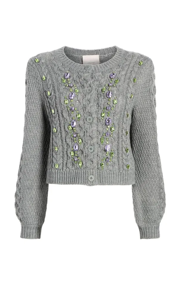 Cinq Sept Joelle Embellished Cable Cardigan Charcoallilacgreen Women Sweaters and Knits
