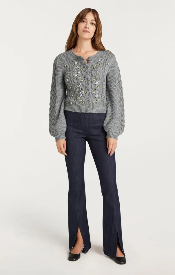 Cinq Sept Joelle Embellished Cable Cardigan Charcoallilacgreen Women Sweaters and Knits