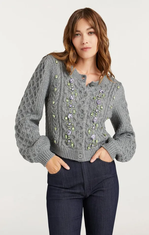 Cinq Sept Joelle Embellished Cable Cardigan Charcoallilacgreen Women Sweaters and Knits