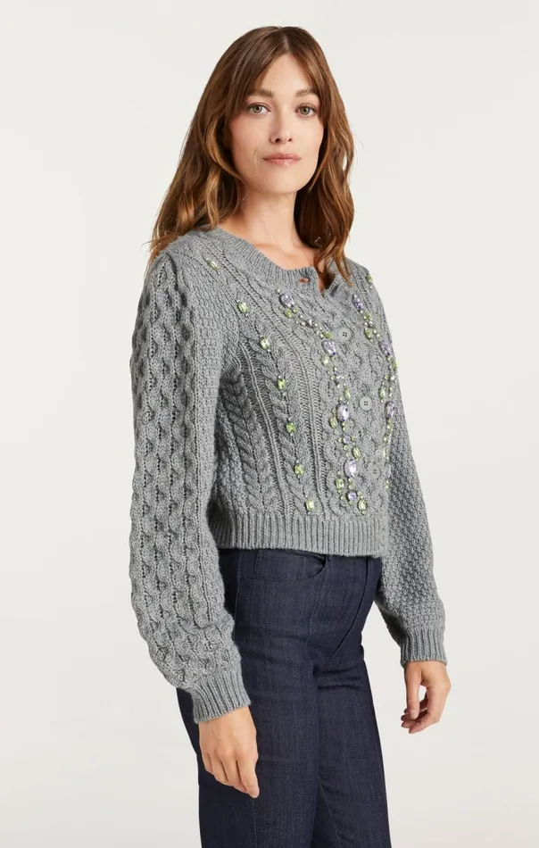 Cinq Sept Joelle Embellished Cable Cardigan Charcoallilacgreen Women Sweaters and Knits
