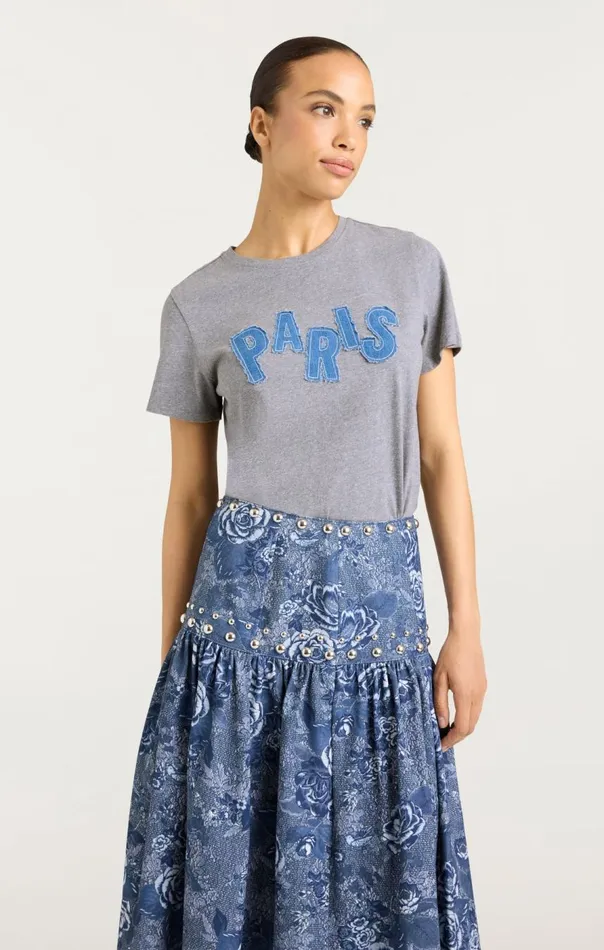 Cinq Sept Patched Denim Paris Tee Heathergrey Women Tees