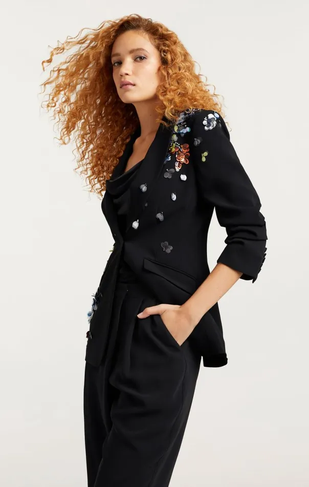 Cinq Sept Sequin Flower Scrunched Cheyenne Blazer Blackmulti Women Blazers