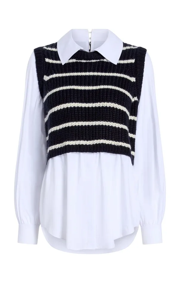 Cinq Sept Striped Mara Shaker Pullover Navyivory Women Long Sleeve Tops