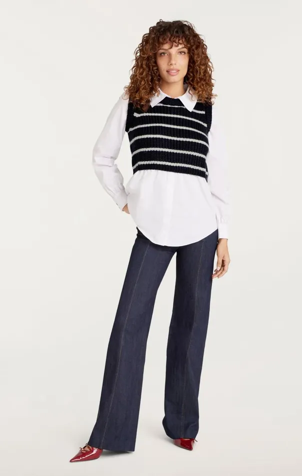 Cinq Sept Striped Mara Shaker Pullover Navyivory Women Long Sleeve Tops