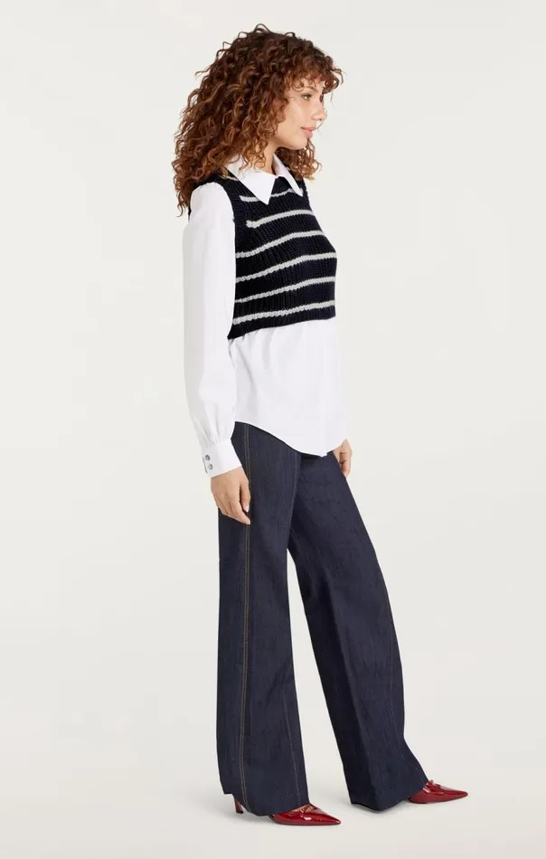 Cinq Sept Striped Mara Shaker Pullover Navyivory Women Long Sleeve Tops