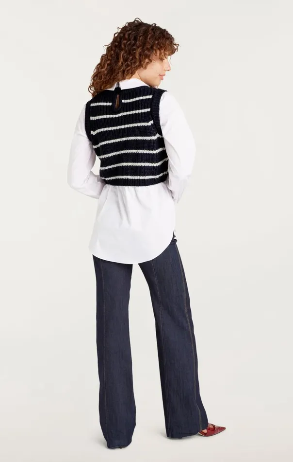 Cinq Sept Striped Mara Shaker Pullover Navyivory Women Long Sleeve Tops