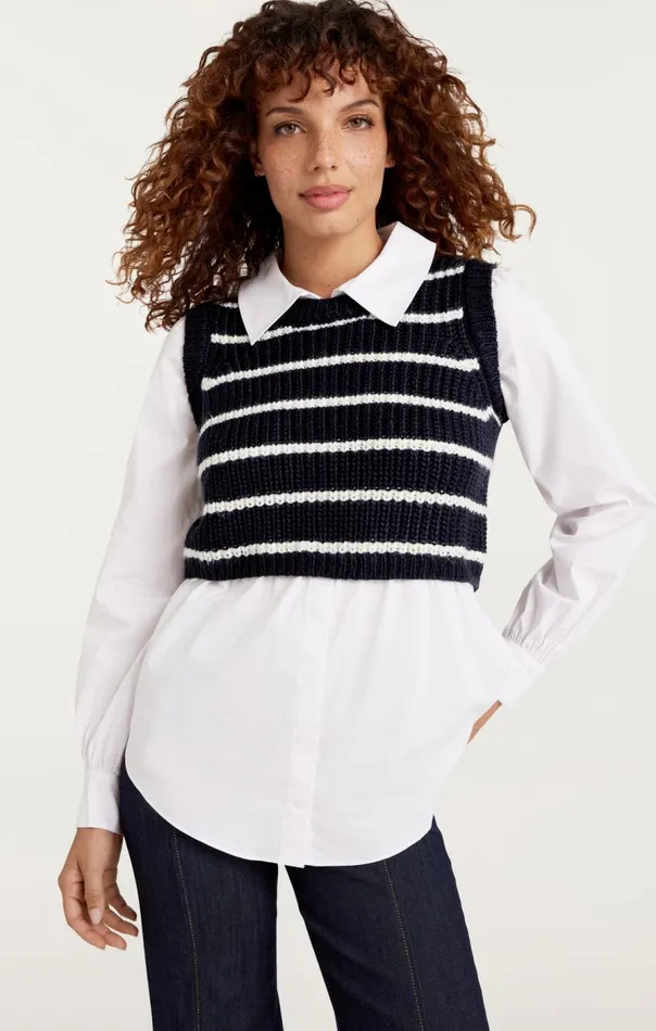 Cinq Sept Striped Mara Shaker Pullover Navyivory Women Long Sleeve Tops