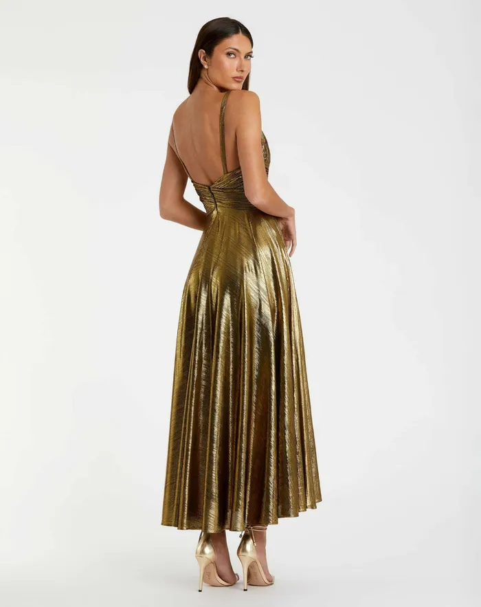Cocktail Dresses Mac Duggal Women Gold Sleeveless V Neck Pleated Top Metallic Dress Antique Gold