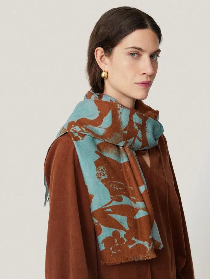 Collage Wool Silk Scarf Blue Women Jigsaw Ponchos and Scarves