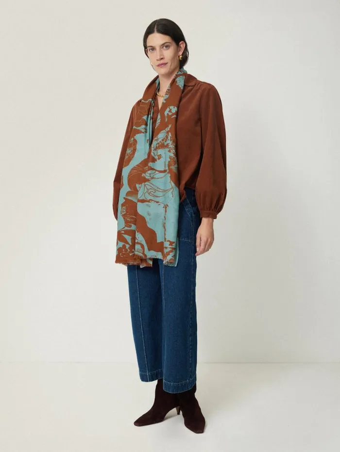 Collage Wool Silk Scarf Blue Women Jigsaw Ponchos and Scarves