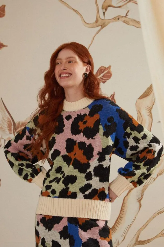 Colorful Leopard Knit Sweater Women FARM Rio Sweaters and Sweatshirts