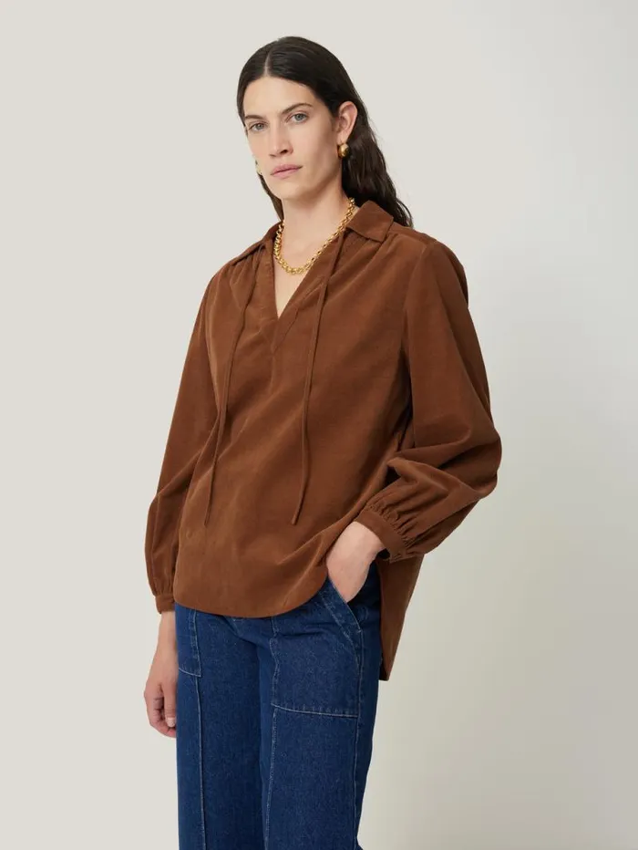 Corduroy V Neck Top Brown Women Jigsaw Shirts and Tops
