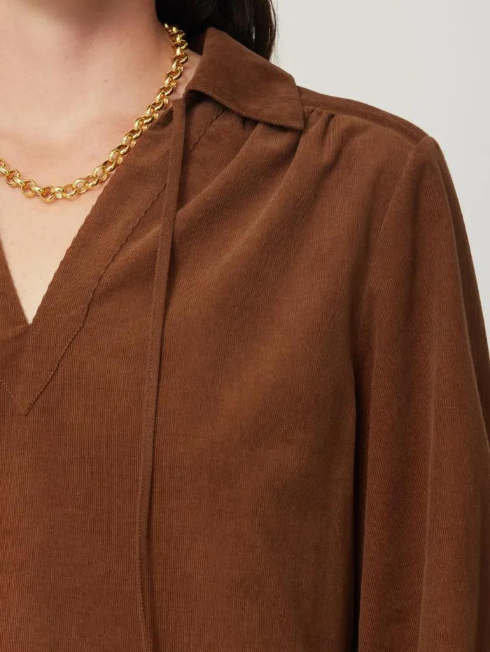 Corduroy V Neck Top Brown Women Jigsaw Shirts and Tops