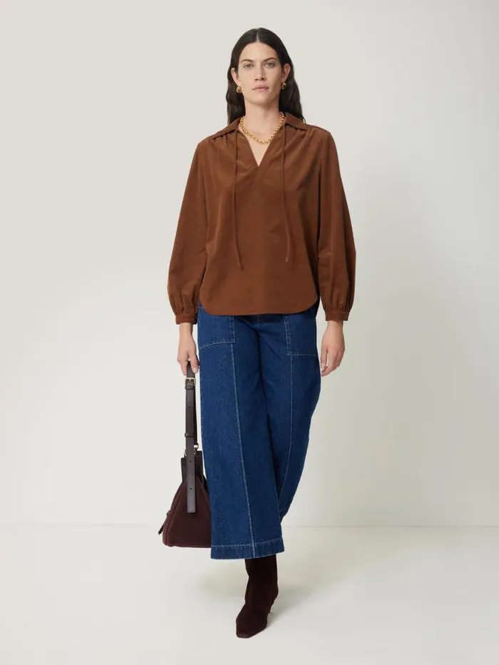 Corduroy V Neck Top Brown Women Jigsaw Shirts and Tops