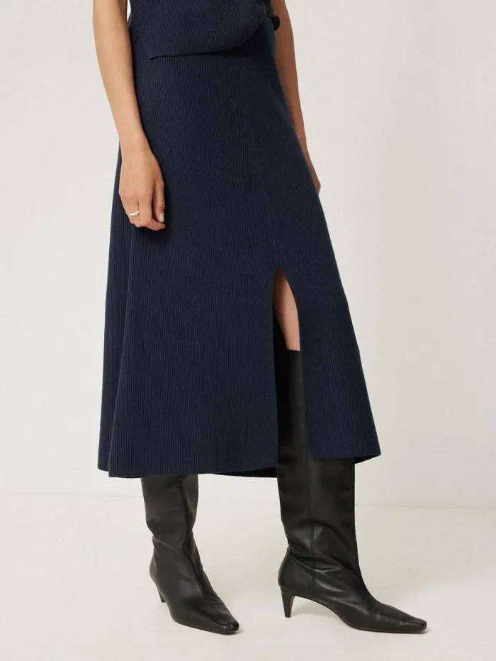 Cotton Blend Knitted Skirt Navy Women Jigsaw Skirts