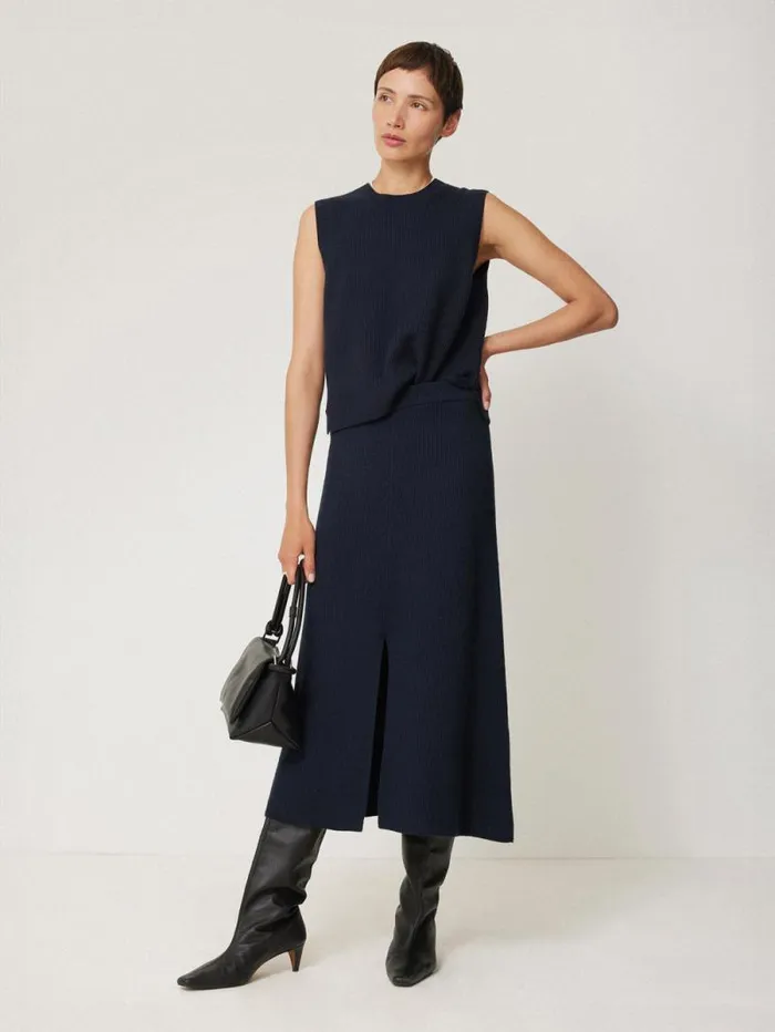 Cotton Blend Knitted Skirt Navy Women Jigsaw Skirts