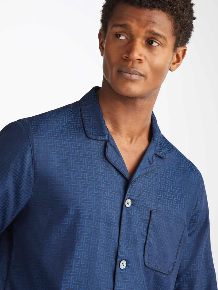 Cotton Pajamas Men Derek Rose Modern Fit Pajamas Paris 27 Cotton Jacquard Navy