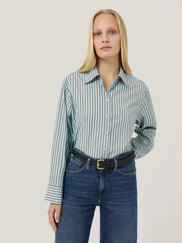 Cotton Stripe Shirt Blue Women Jigsaw Shirts and Tops