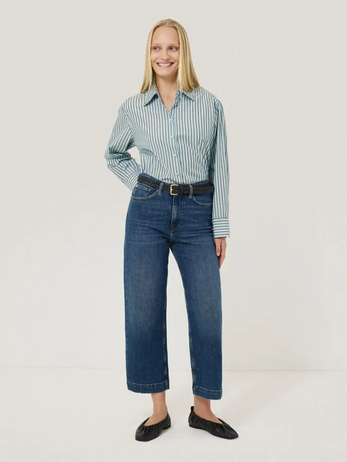 Cotton Stripe Shirt Blue Women Jigsaw Shirts and Tops