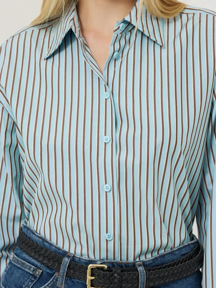 Cotton Stripe Shirt Blue Women Jigsaw Shirts and Tops