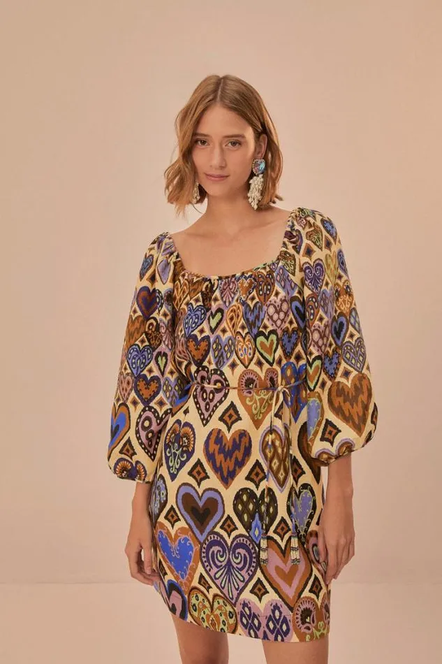 Cream Hearts Ikat Long Sleeve Mini Dress Women FARM Rio Mini Dresses