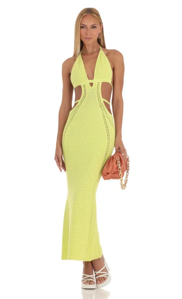 Crochet CutOut Dress Neon Yellow Women LUCY IN THE SKY Maxi Dresses