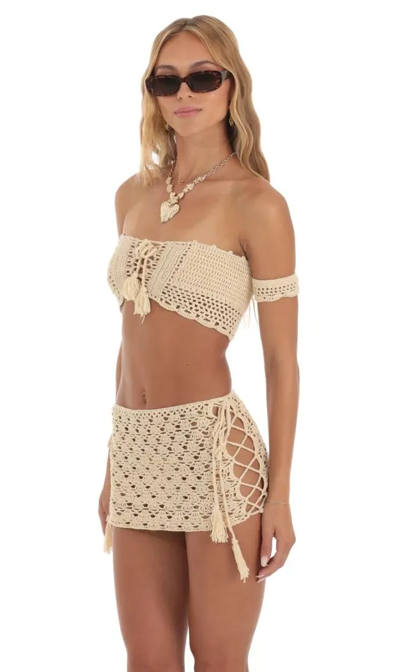 Crochet Off Shoulder Two Piece Skirt Set Beige Women LUCY IN THE SKY TwoPiece Sets Crochet Off Shoulder Two Piece Skirt Set Beige Women LUCY IN THE SKY TwoPiece Sets