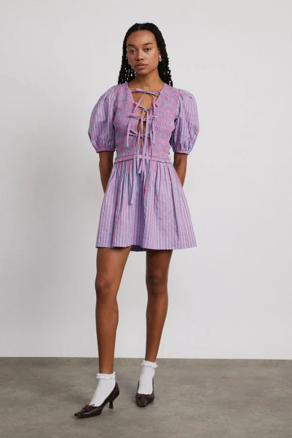 Damson Madder Dresses Women Bluebelle Shirred Mini Dress 8211 Pink and Blue Stripe