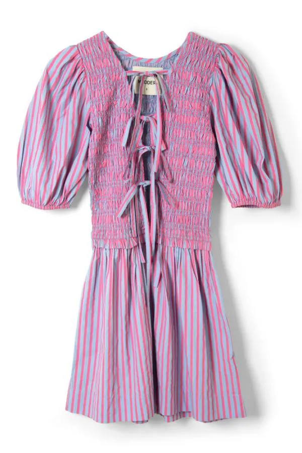 Damson Madder Dresses Women Bluebelle Shirred Mini Dress 8211 Pink and Blue Stripe
