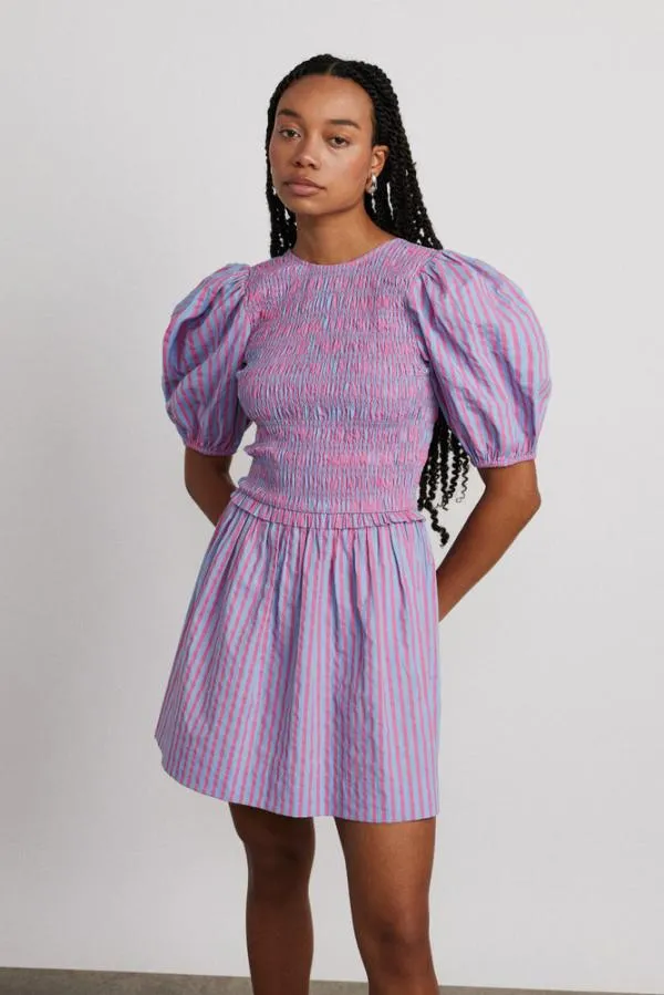 Damson Madder Dresses Women Bluebelle Shirred Mini Dress 8211 Pink and Blue Stripe