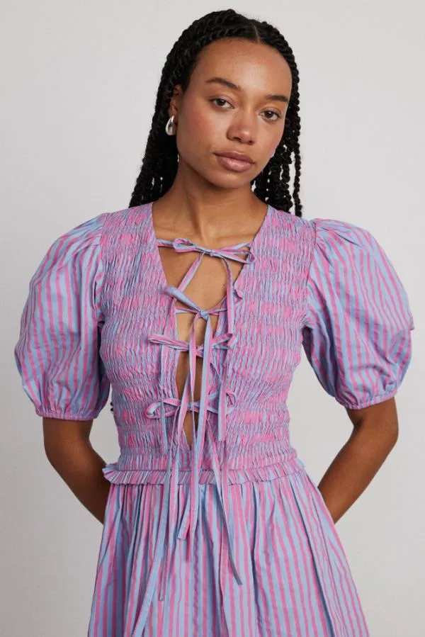 Damson Madder Dresses Women Bluebelle Shirred Mini Dress 8211 Pink and Blue Stripe