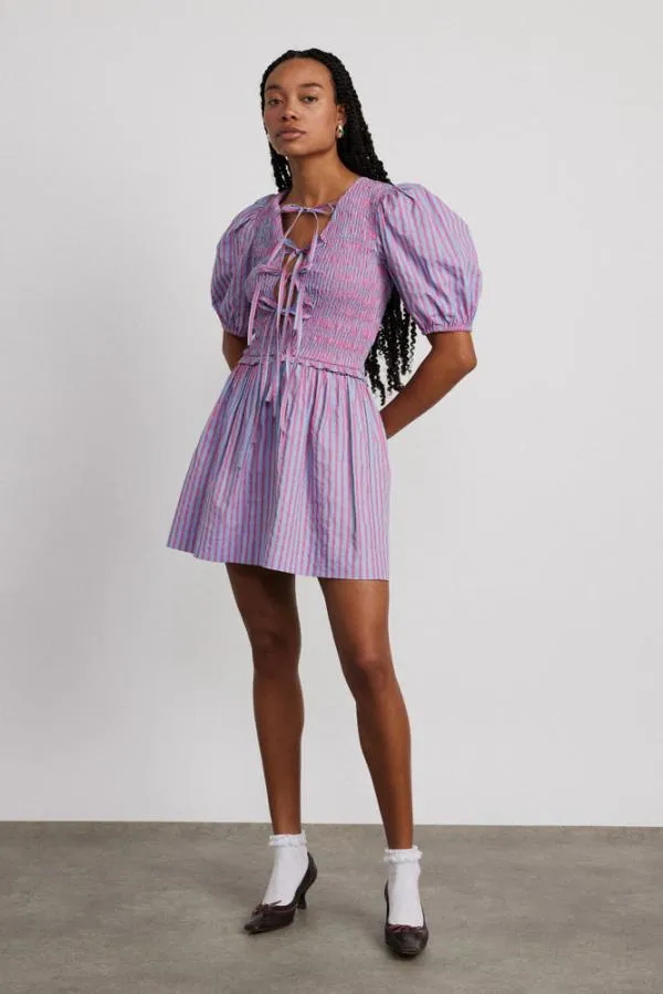 Damson Madder Dresses Women Bluebelle Shirred Mini Dress 8211 Pink and Blue Stripe