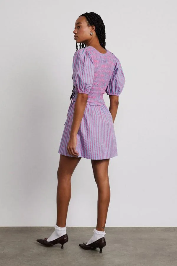Damson Madder Dresses Women Bluebelle Shirred Mini Dress 8211 Pink and Blue Stripe