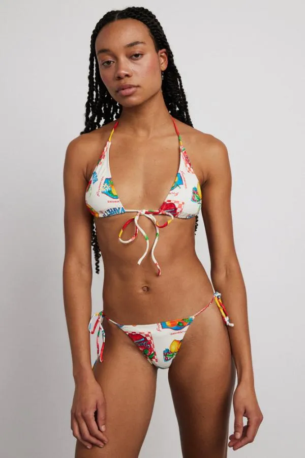 Damson Madder Swim and Beach Women Tie Front Triangle Bikini Top 8211 Fruit Labels