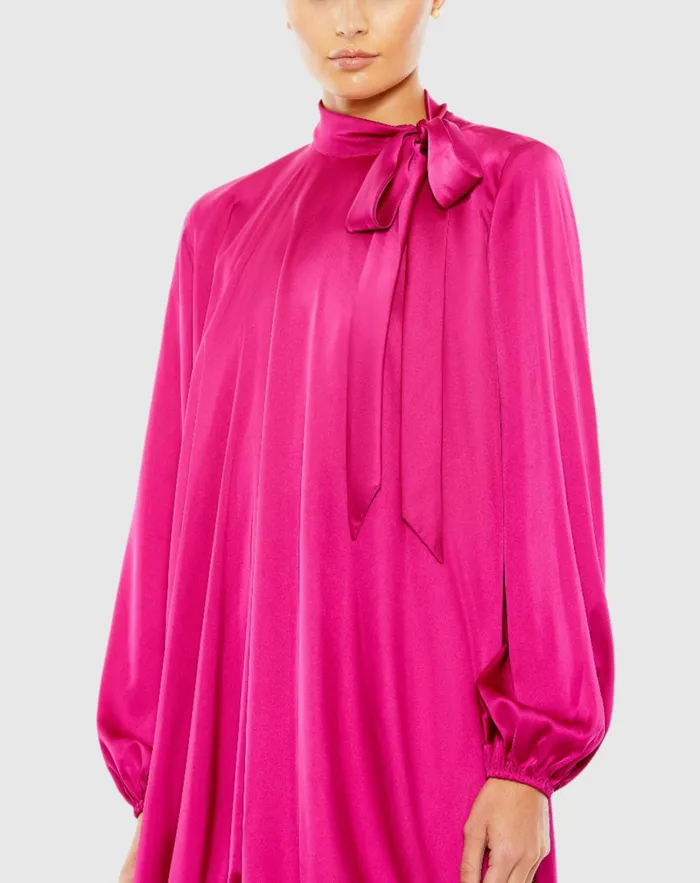 Daytime Dresses Women High Neck Long Sleeve Bubble Hem Dress 8211 FINAL SALE Hot Pink Mac Duggal