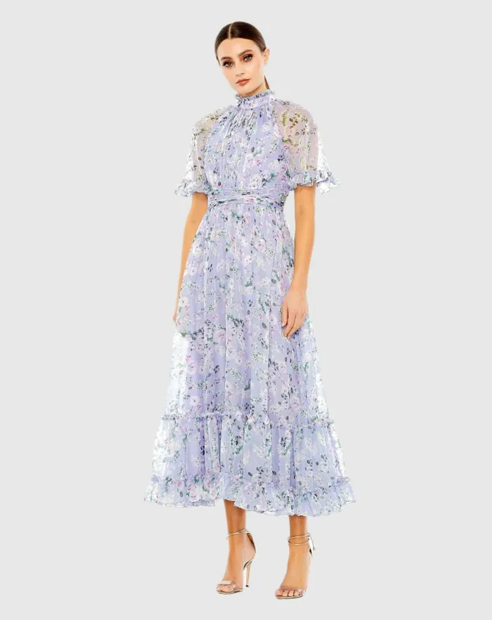 Daytime Dresses Women Mac Duggal Floral Print High Neck Raglan Sleeve Dress Lilac Multi