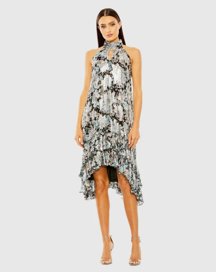 Daytime Dresses Women Mac Duggal High Neck Keyhole ALine Floral Ruffle Mini Dress Black Multi Daytime Dresses Women Mac Duggal High Neck Keyhole ALine Floral Ruffle Mini Dress Black Multi