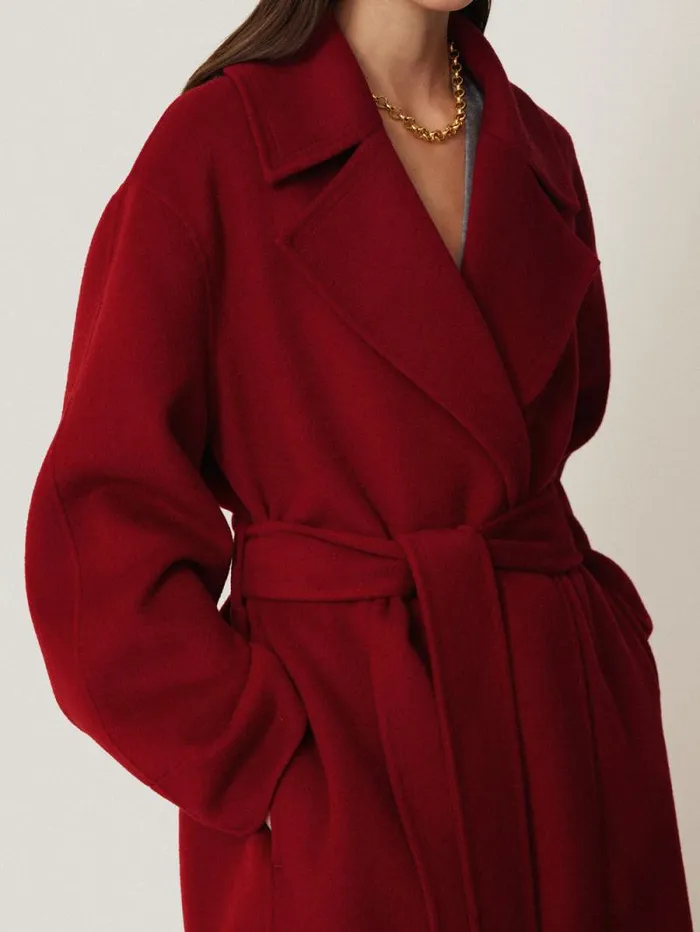 Double Faced Cocoon Wrap Coat Red Women Jigsaw Coats and Jackets