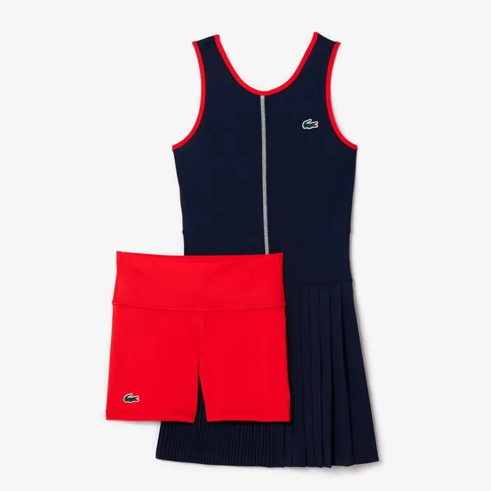 Dresses Women Lacoste Women039s UltraDry Stretch Tennis Dress and Shorts Navy Blue Red 7pe