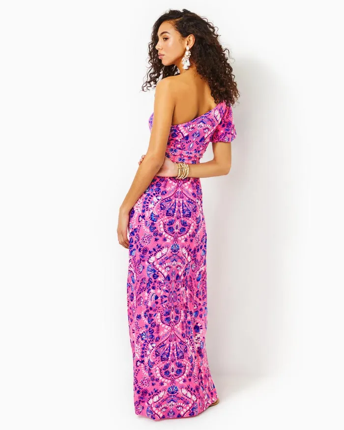 Dresses Women Lilly Pulitzer Solana OneShoulder Maxi Dress Havana Pink Turtle Tidepool Engineered Knit Dress
