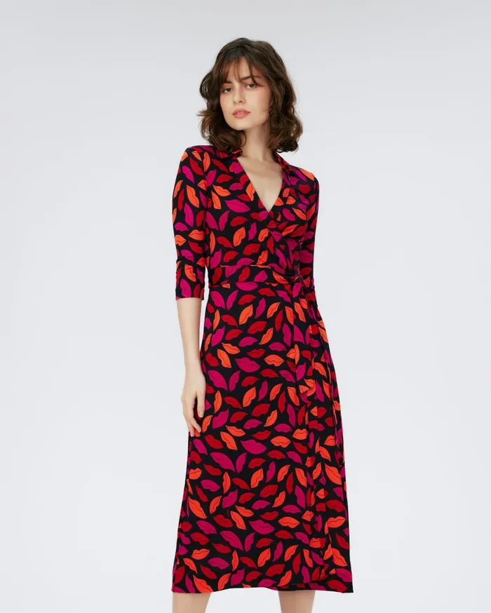 DVF Dresses Women Abigail Silk Jersey Midi Wrap Dress Midnight Kiss Multi