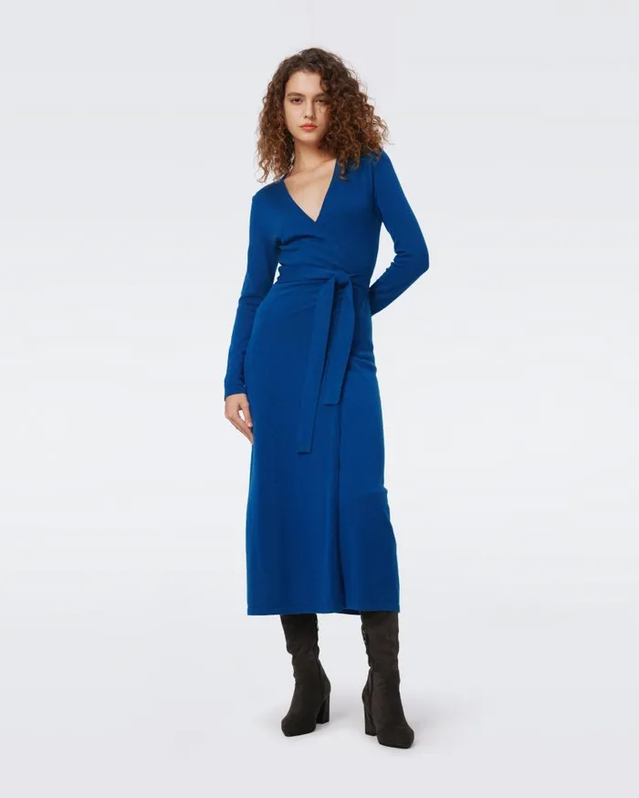 DVF Dresses Women Astrid WoolCashmere Wrap Dress Dark Ocean