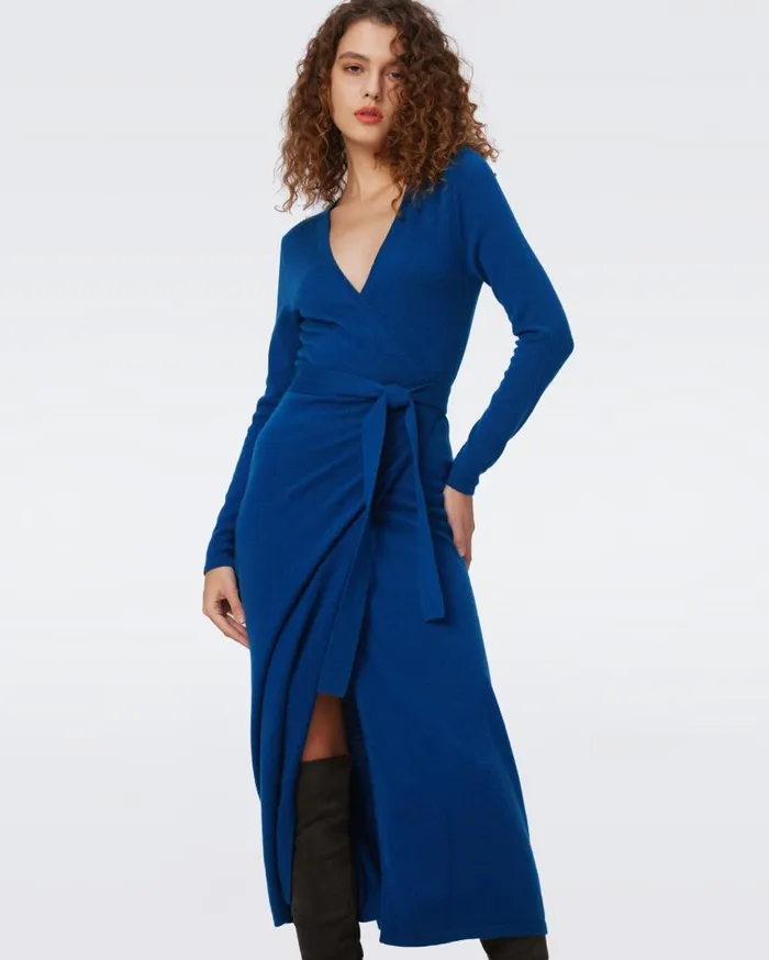 DVF Dresses Women Astrid WoolCashmere Wrap Dress Dark Ocean