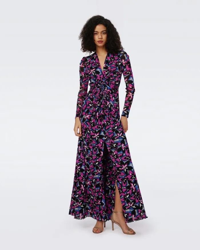 DVF Dresses Women Kassia Mesh Dress Fishnet Floral Purple Blush